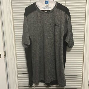 Black and gray men’s 2XL Under Armour fitted “heatgear” gym shirt